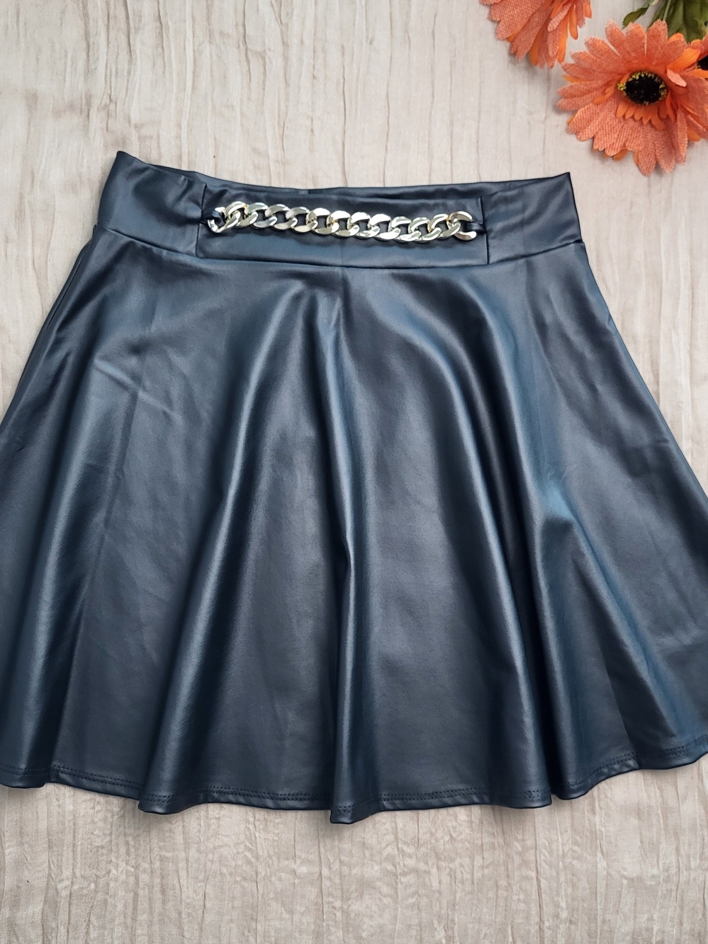 Day G, Black Faux Leather Skater Skirt with Gold Chain Waist Detail